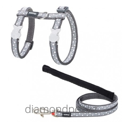 Red Dingo Шлея с поводком для кошек 12 мм Stars White on Cool Grey арт.CH-ST-GY-12